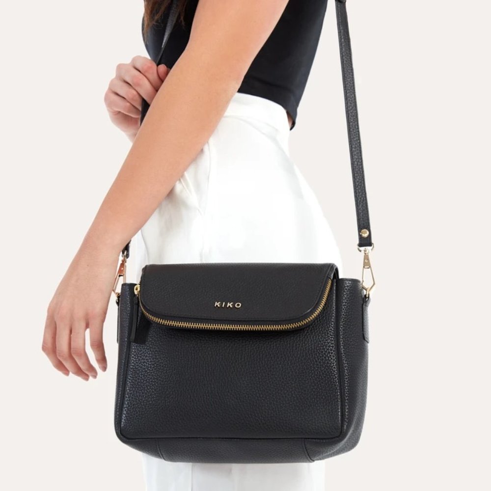 Kiko Leather Fold Over Crossbody Black